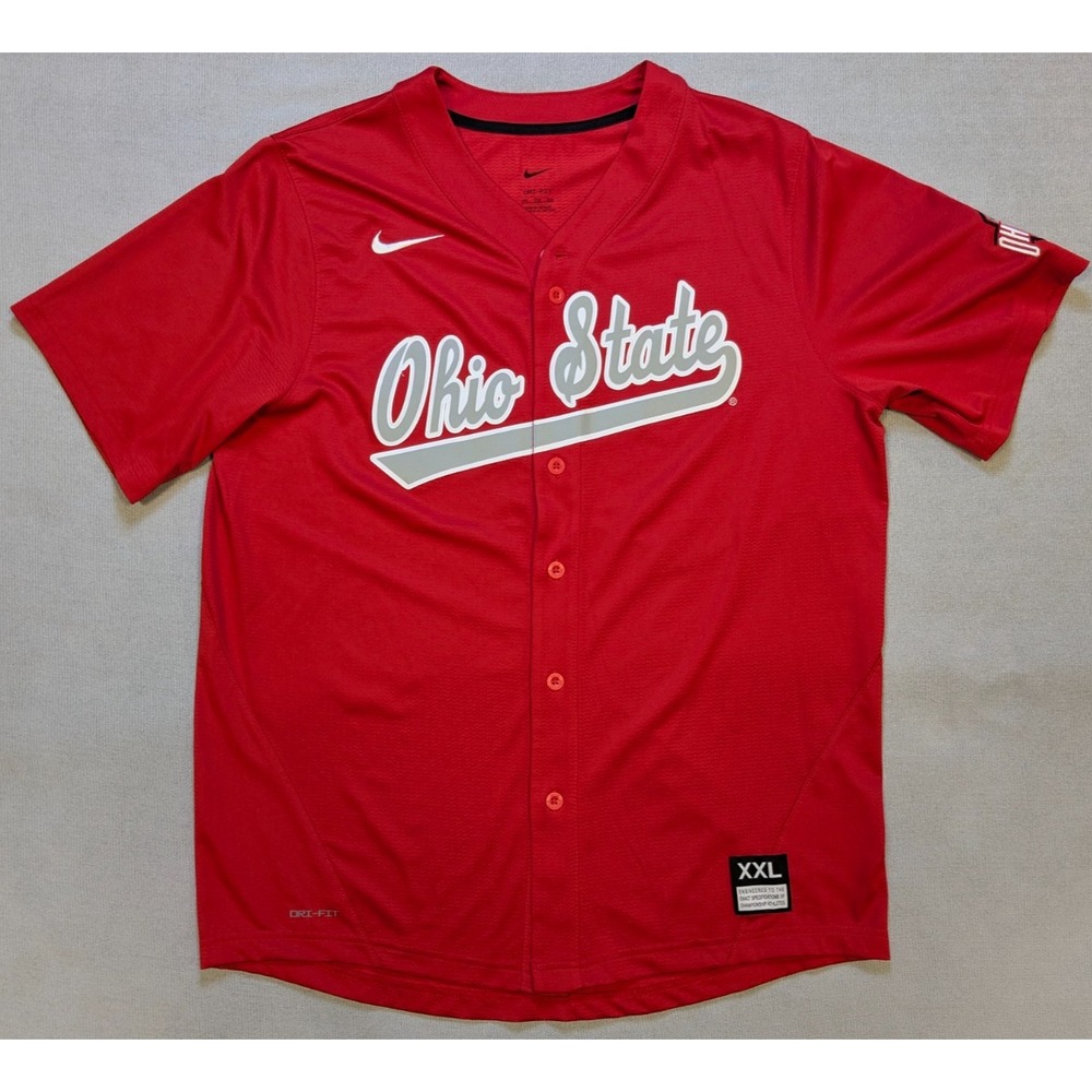 Ohio State Buckeyes Jersey Mens 2XL XXL Red Nike Baseball Dri-Fit Button OSU